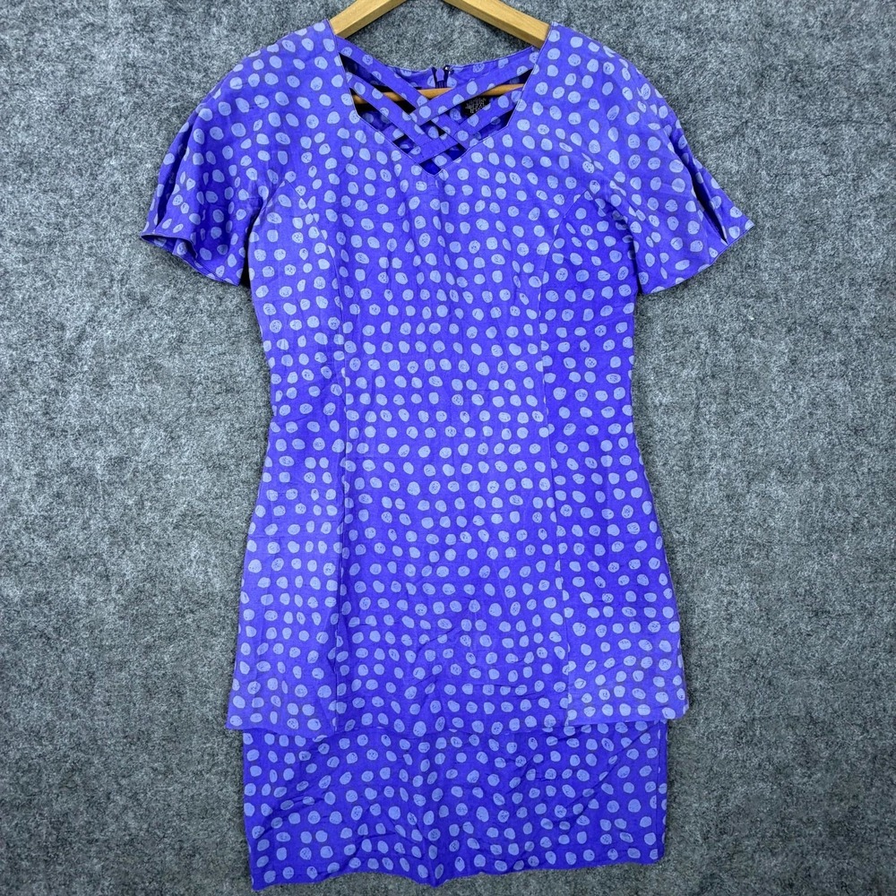 August Silk Mini Dress Womens 4 Blue Polka Dot Crisscross V Neck 80s Office Chic